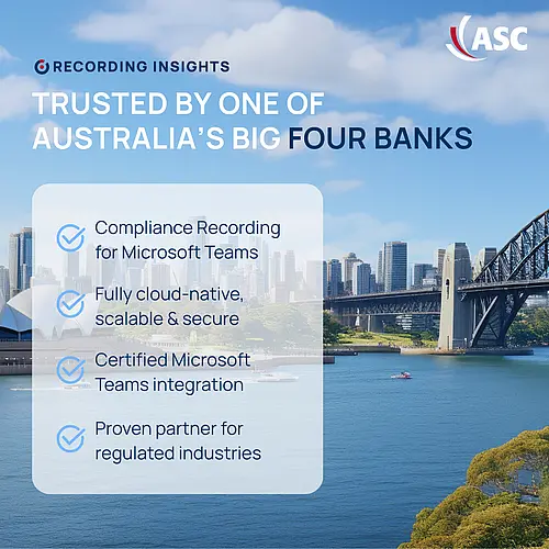 [Translate to Englisch:] Compliance Recording für Microsoft Teams: ASC Recording Insights – Trusted by one of Australia's Big Four Banks.