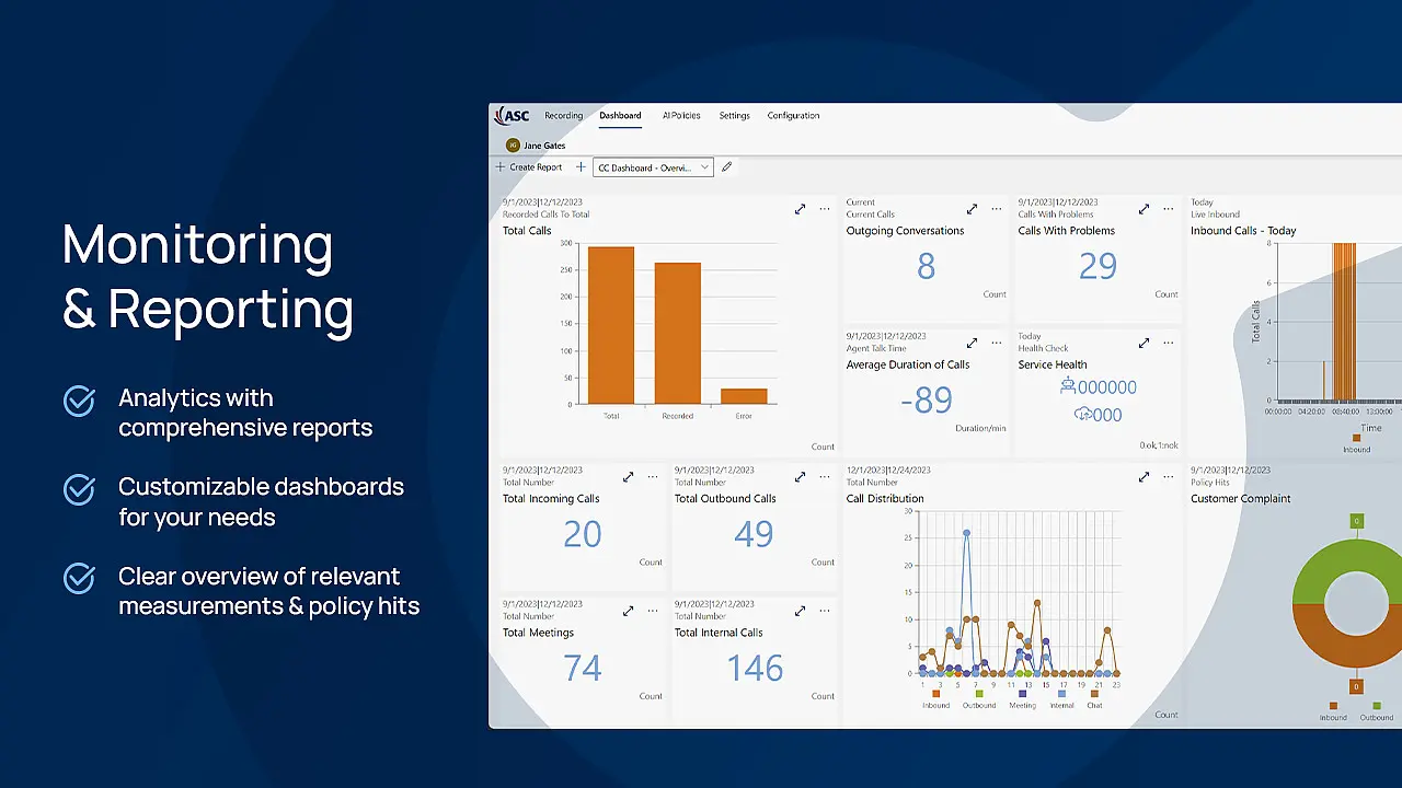 ASC Recording Insights für Cisco-Umgebungen mit Monitoring- und Reporting-Dashboard, umfassenden Analysen, KPI-Übersichten, anpassbaren Widgets und Policy-Hits für Cisco UCM, Webex und Contact Center.