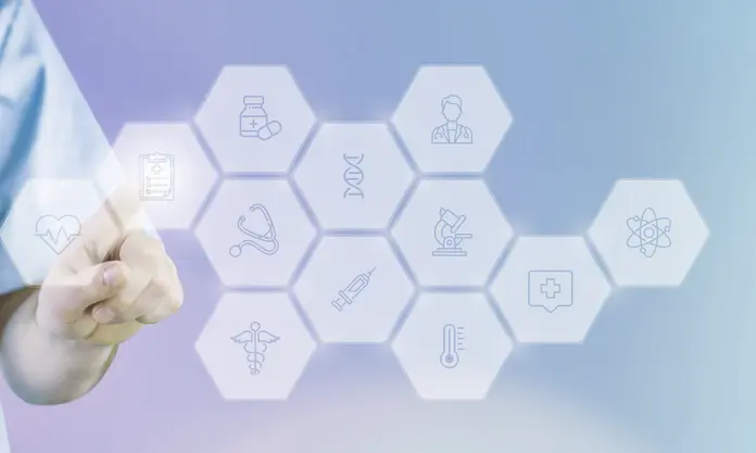 EN: Doctor pointing at digital healthcare icons