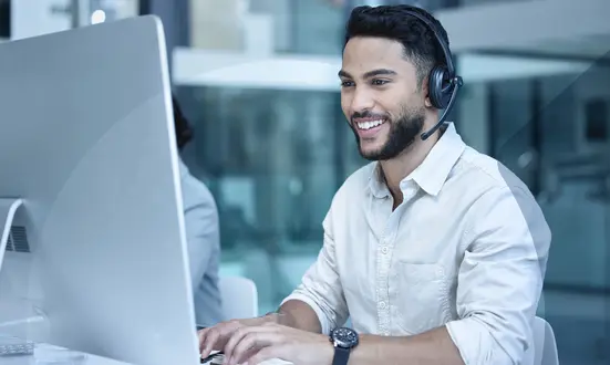 Contact centre agent is on a customer call.