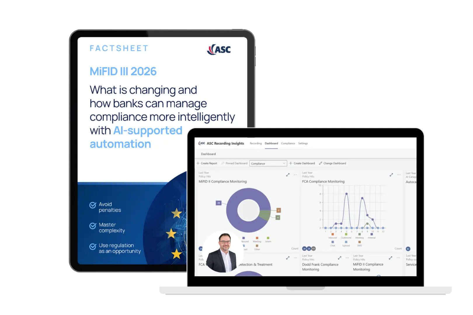 Graphic showing the MiFID III 2026 factsheet and ASC Technologies compliance dashboard, highlighting AI‑supported automation for banks.