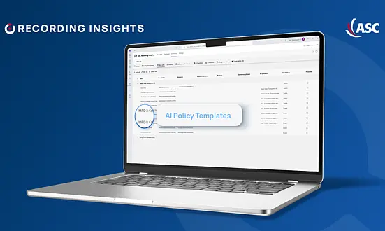 Laptop mit Recording Insights zeigt AI Policy Templates für MiFID II Compliance