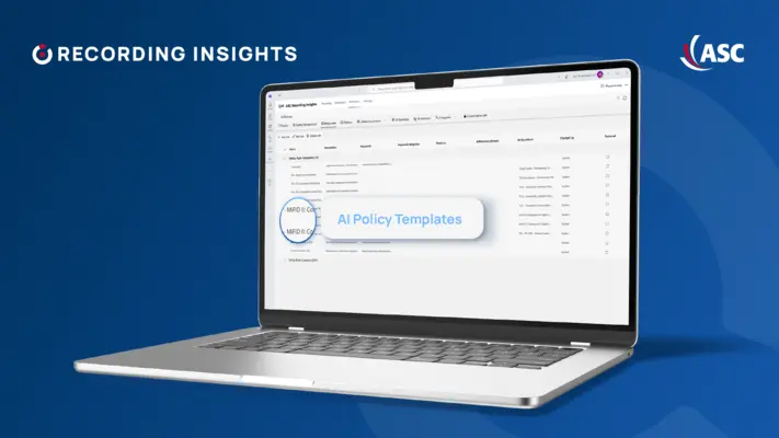 Laptop mit Recording Insights zeigt AI Policy Templates für MiFID II Compliance