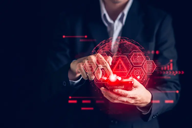 Businessman with digital icons for fraud detection and banking security