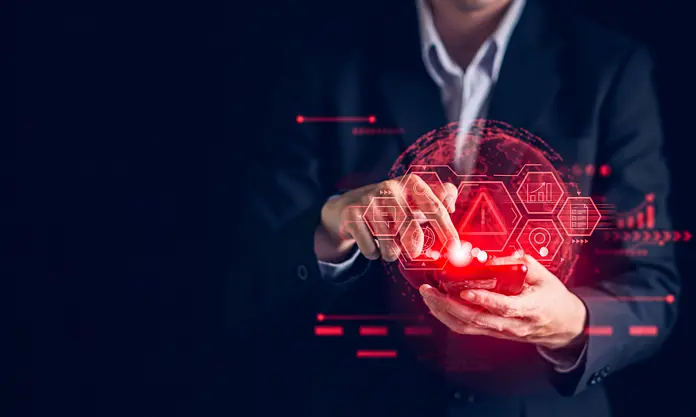 Businessman with digital icons for fraud detection and banking security