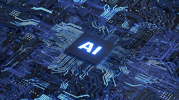 Leuchtendes AI-Chip-Modul auf einer blauen Leiterplatte