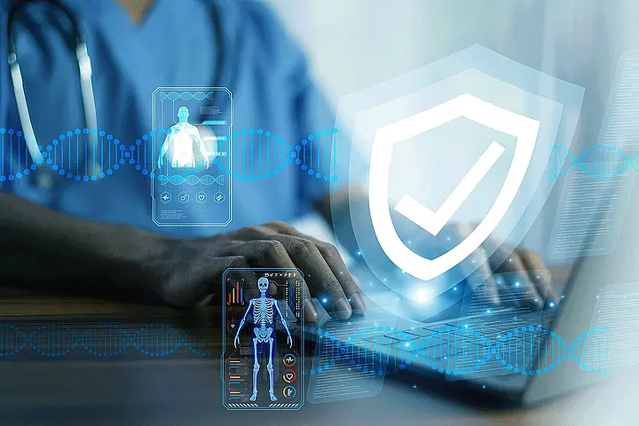 Doctor typing on a laptop with overlay of medical data and security icons; visualizing audit-ready communication and data protection