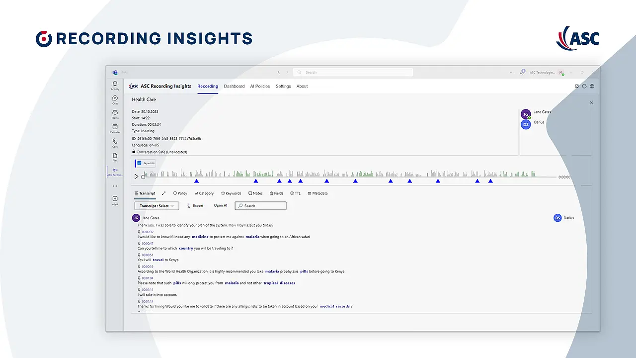 ASC Recording Insights in Microsoft Teams mit detaillierter Gesprächsaufzeichnung, Transkript, KI-Schlüsselwörtern, Kategorien und Medical-Use-Case-Analyse.