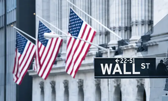 Wall Street Schild mit US-Flaggen, Symbol für Finanzregulierungen wie den Dodd-Frank Act