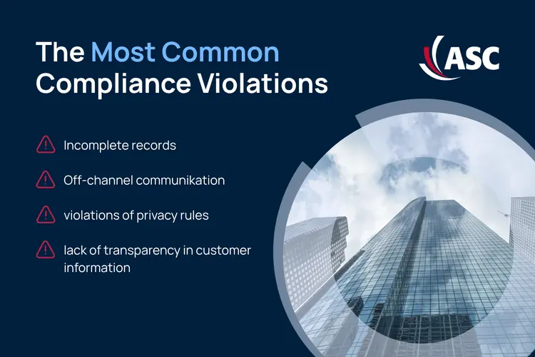 Most Common Compliance Violations in Finance | ASC The most common compliance violations in financial services: incomplete records, off-channel communication, privacy breaches, and lack of transparency.