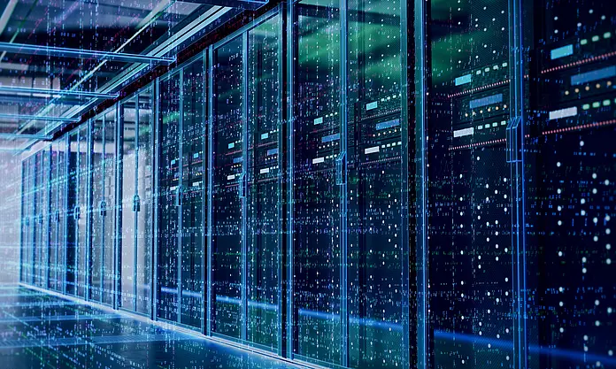 Modern data center with servers and digital cloud data visualization