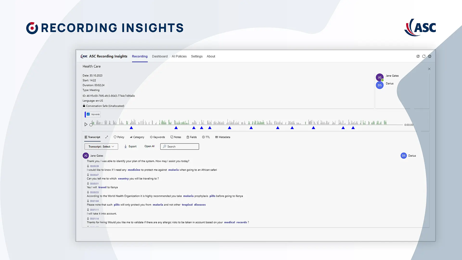 ASC Recording Insights mit detaillierter Gesprächsaufzeichnung, Transkript, KI-Schlüsselwörtern, Kategorien und Analysefunktionen für Health-Care-Use-Cases.