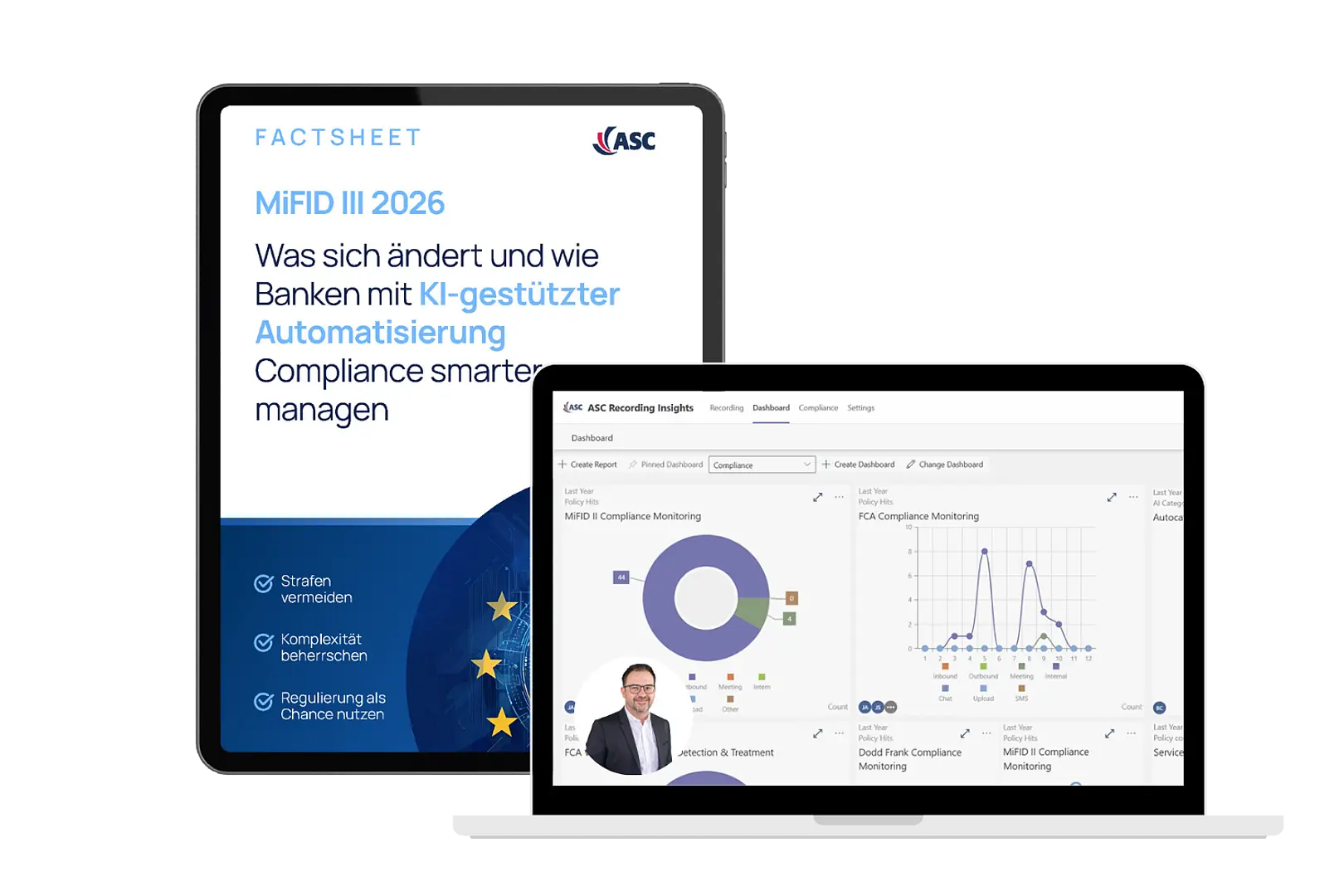 Grafik mit MiFID‑III‑2026‑Factsheet und Compliance‑Dashboard von ASC Technologies, Fokus auf KI‑gestützte Automatisierung für Banken.
