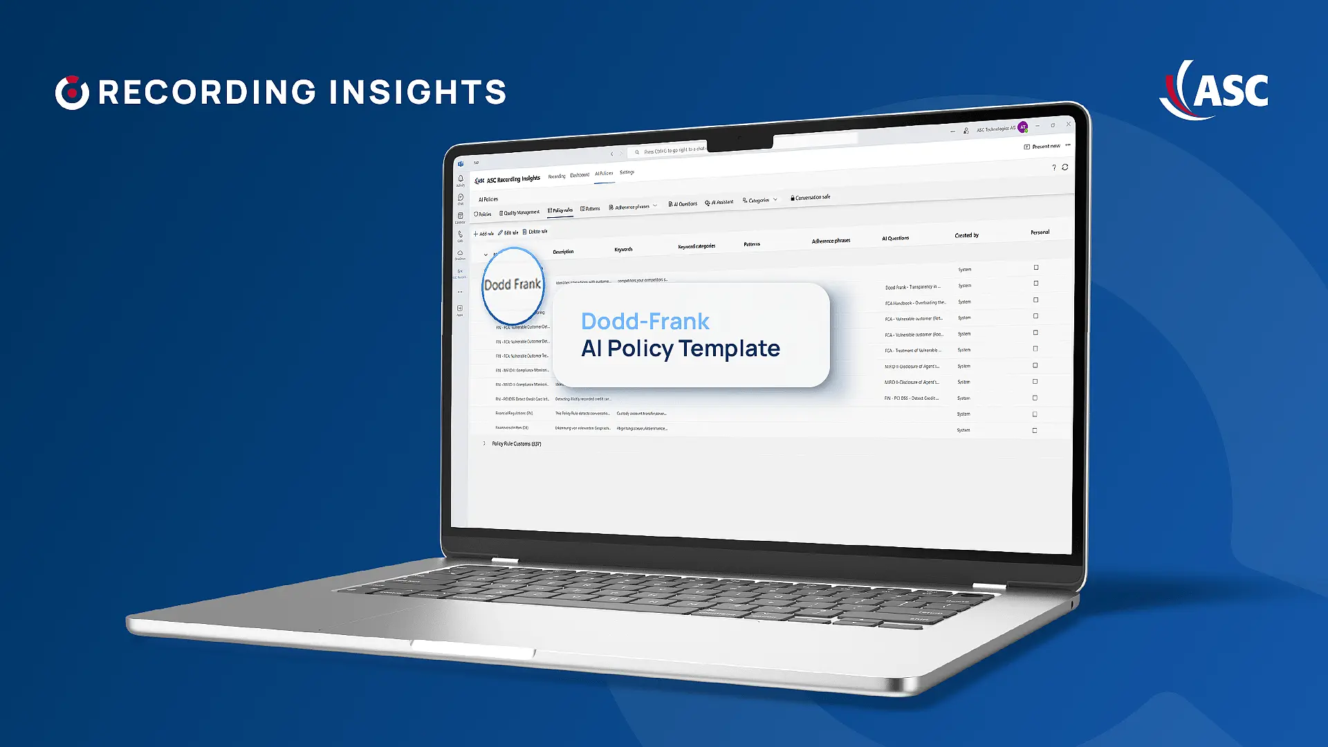 Recording Insights screenshot showing Dodd-Frank AI Policy Template for compliance monitoring