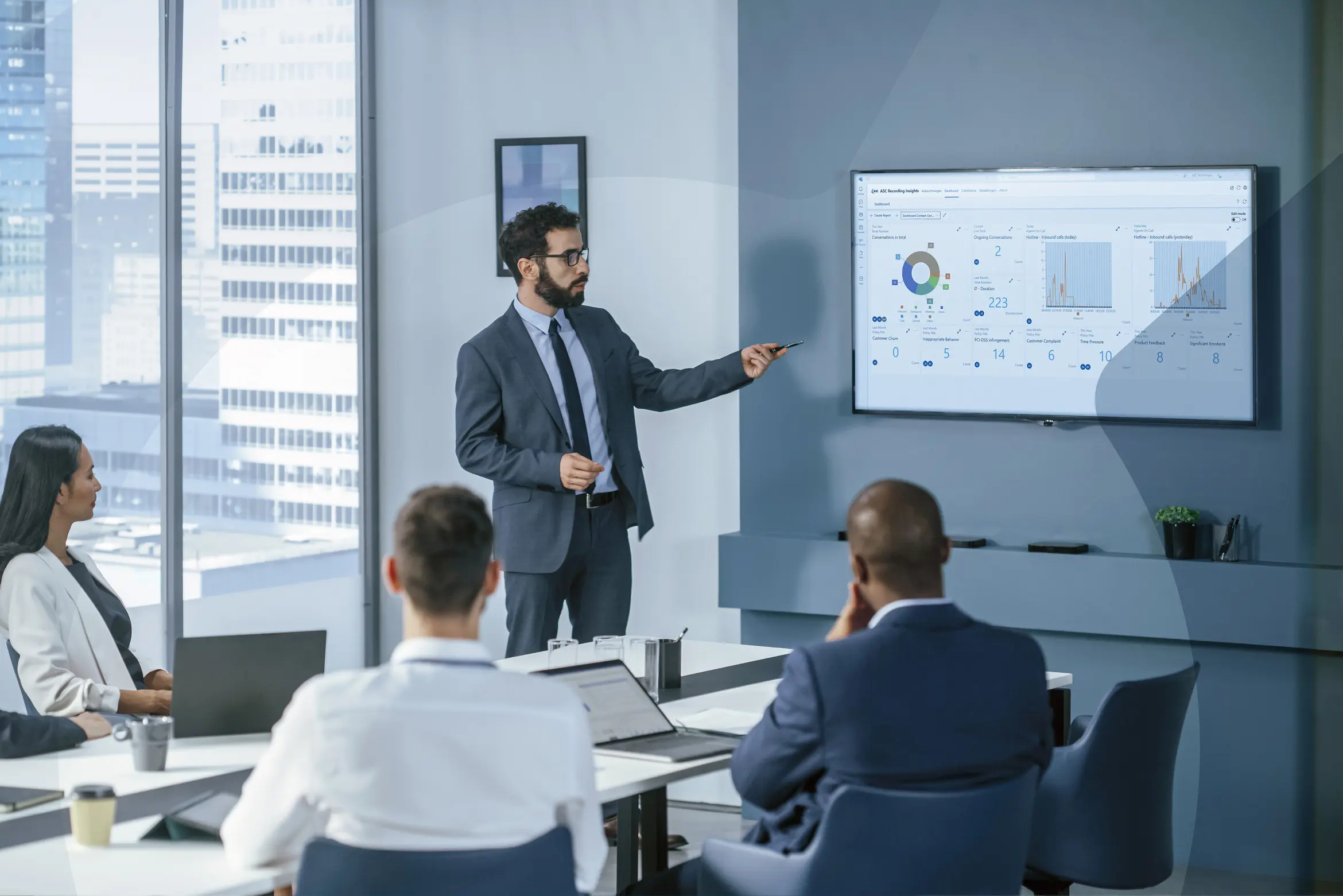 Business meeting with presentation of a Recording Insights dashboard on compliance recording. The dashboard shows aggregated data from customer communication in Microsoft Teams.