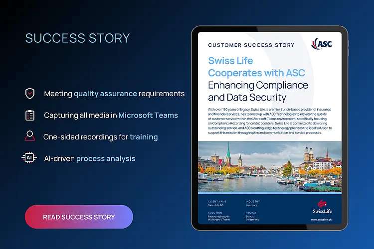 Customer Success Story visual with Swiss Life highlighting ASC Recording Insights for quality assurance, Microsoft Teams recording, training use cases, and AI-driven process analytics.
