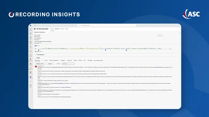 Transkriptansicht in ASC Recording Insights mit markierten Gesprächsstellen und Zeitstempeln zur Dokumentation