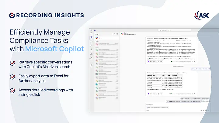 ASC Recording Insights with Microsoft Copilot – Screenshot showing efficient compliance task management with AI-driven search, Excel export, and detailed recording access.