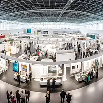 Große Messehalle mit zahlreichen Ständen und Besuchern