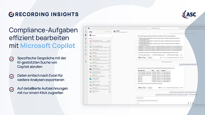 Benutzeroberfläche von ASC Recording Insights mit Microsoft Copilot zur effizienten Bearbeitung von Compliance-Aufgaben, KI-gestützte Suche und Exportfunktionen.