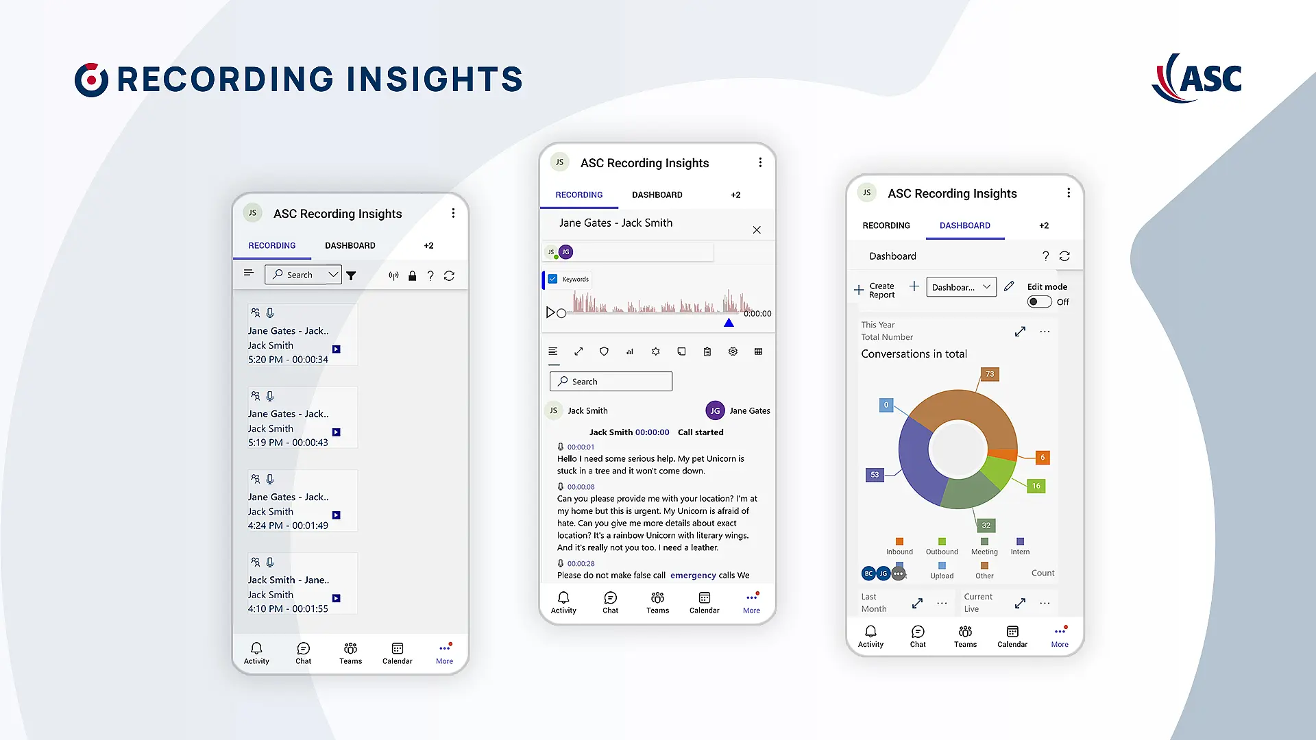 Mobile Benutzeroberfläche von ASC Recording Insights in Microsoft Teams mit Aufzeichnungsliste, Transkript-Ansicht und Dashboard-Analytics.