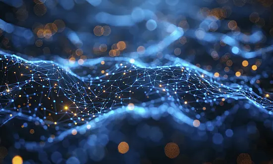 Abstraktes Netz aus blauen Lichtpunkten und Linien, inspiriert von Datenströmen