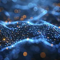 Abstraktes Netz aus blauen Lichtpunkten und Linien, inspiriert von Datenströmen