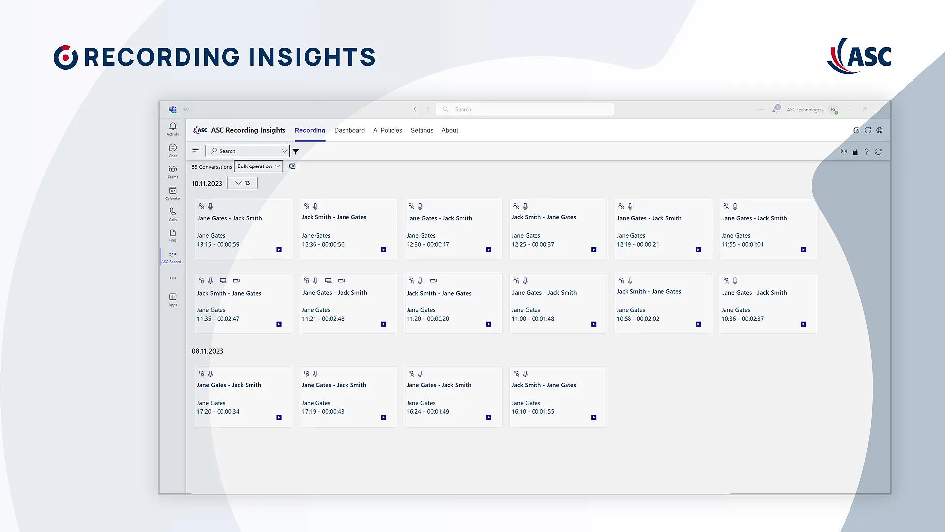 ASC Recording Insights in Microsoft Teams mit Listenansicht aufgezeichneter Gespräche, Such- und Filterfunktionen.