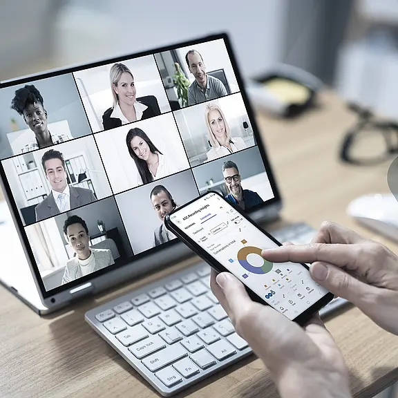 Microsoft Teams meeting with recordings and AI data analytics on a smartphone